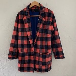 MINKPINK Coral and Navy Plaid Trench Coat